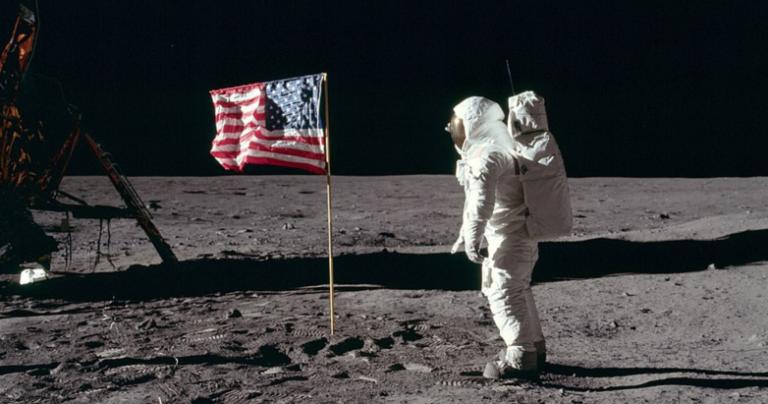 Buzz Aldrin and the American flag on the Moon