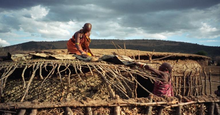 Maasai women repairing a roof