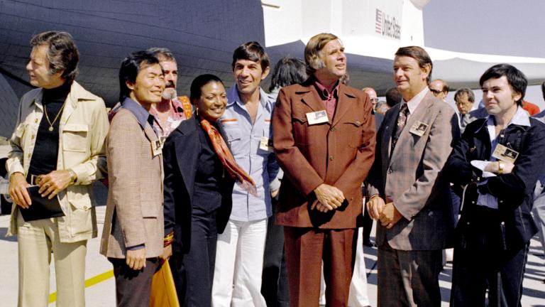 Star Trek cast and crew with space shuttle Enterprise in 1976