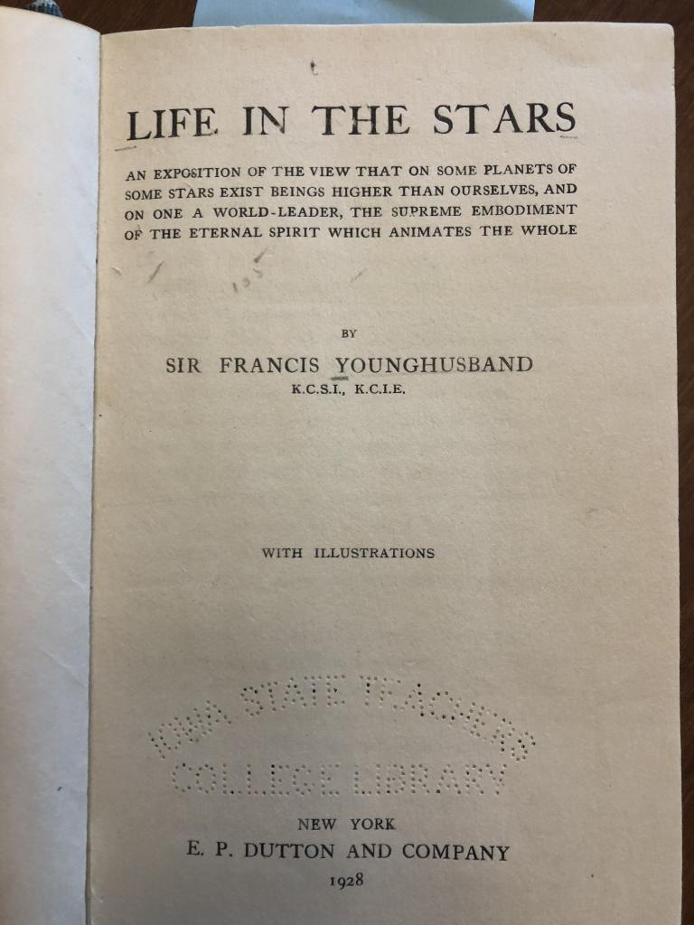 Title page from 1928 edition of Younghusband, Life in the Stars