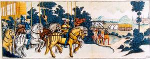 Armed medieval noblemen on horses with lances