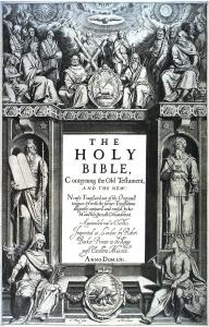 printed frontispiece to the King James Bible, with text in the center and biblical figures around the margins