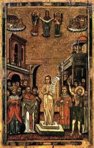 Romanos holding his hymn on the Nativity