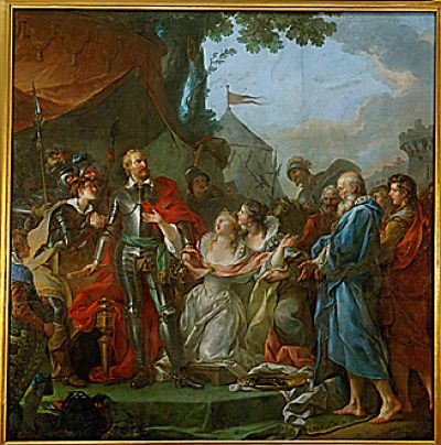 L'action courageuse d'Eustache de Saint-Pierre au siege de Calais, 1347- a scene from the 100-years war, in which Edward III of England,having finally taken Calais,asks for six citizens to be sent to him, to die for their town. The six volunteers are led by Eustache de Saint-Pierre. Edward's wife Philippa asks him to spare their lives. 1777 Canvas, 319 x 315 cm