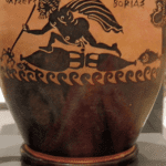 oetian_black-figure_pottery_skyphos_(wine-cup)_found_at_Thebes_4th_century_BC_Odysseus_at_sea_on_a_raft_of_amphoras_Ashmolean_Museum_(8401774652)