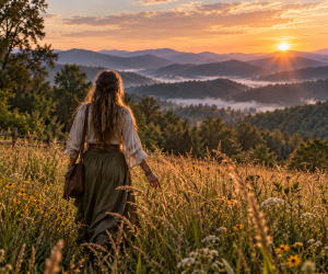 woman walking towards mountains