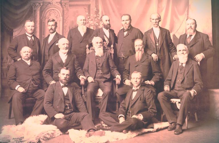 First Presidency and the Twelve, circa 1898 (Wikimedia Commons). 