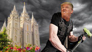 A jowly Donald Trump stands poised to attack the Salt Lake City LDS temple with a sledgehammer. 