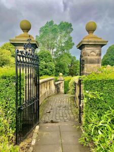 An open gate in a lush pasture