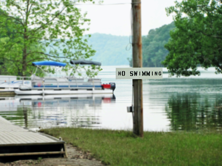 A sign at a marina saying no swimming.