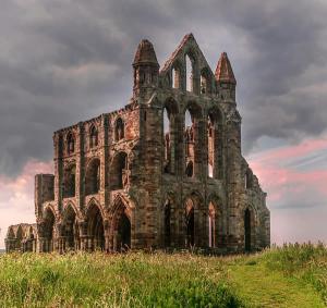 An old abandoned stone church.