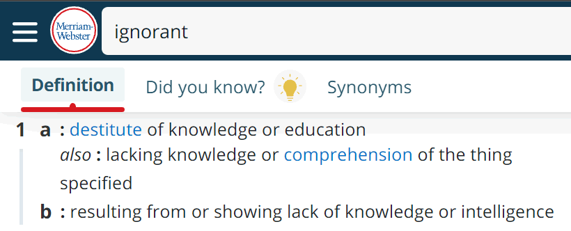screenshot of the definition of ignorant on miriam webster
