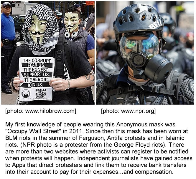 Protesters wearing masks and dressed in riot gear.
