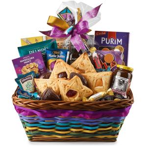 A beautiful Purim mishloach manot gift basket filled with traditional hamantasch