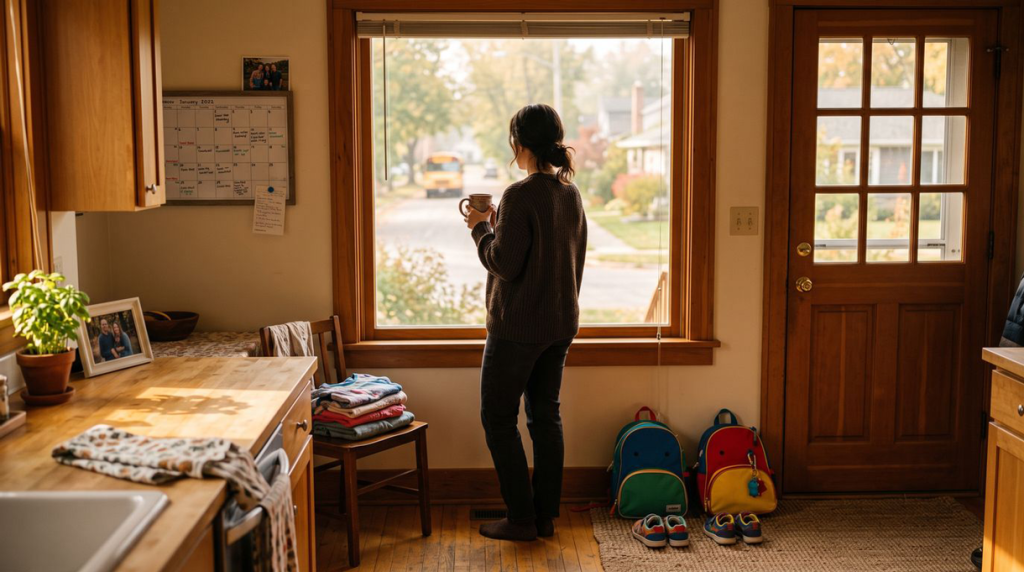 A warm, cinematic photograph of a mother seen from behind, standing at a sunlit kitchen window in the morning holding a mug. She looks out at a quiet, suburban street where a school bus is faintly visible in the distance. By the wooden front door, two colorful backpacks and little sneakers wait on a rug. The cozy, lived-in kitchen features details like a calendar on the wall, a folded stack of clothes, and a framed family photo.