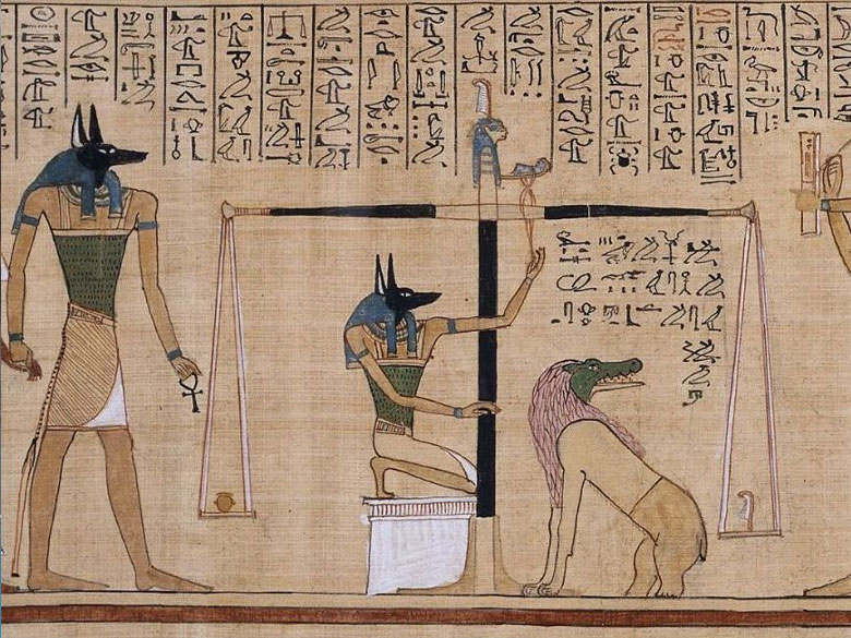 Papyrus of Hunefer, heart weighed against the feather. 