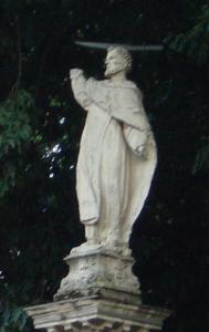 St. Peter of Verona's Statue with a sword stuck in its head.