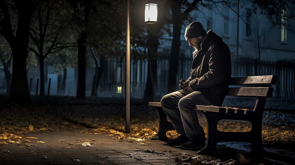 A depressed man sits on a city bench in the middle of the night.