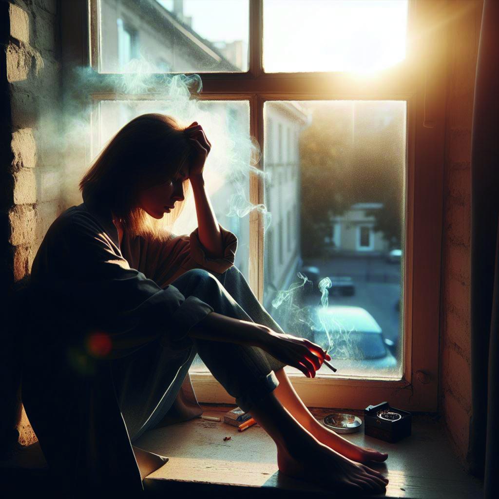 A smoking woman is depressed in the window looking out on a city street. 