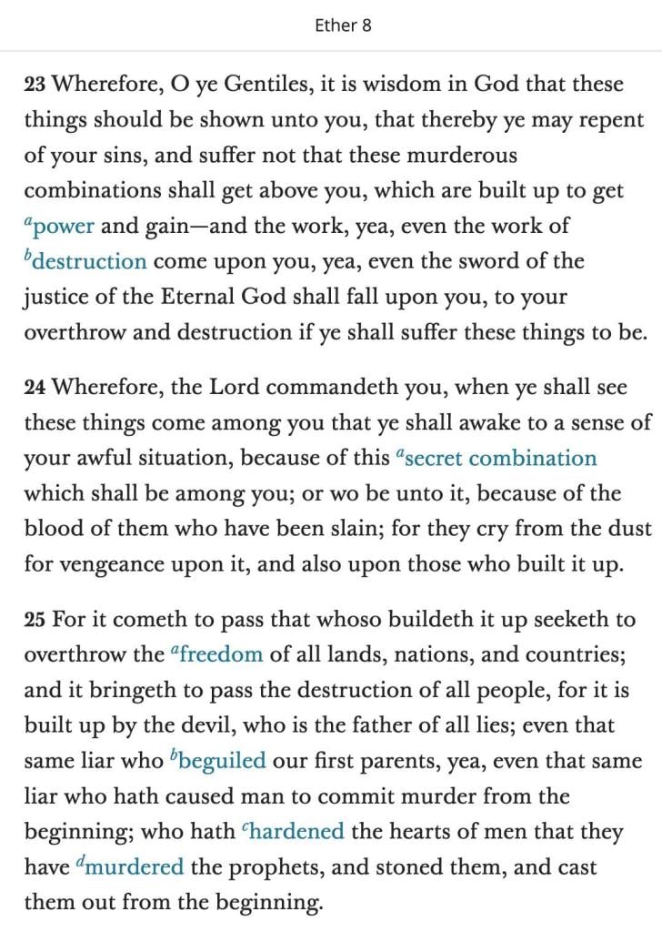 Ether 8 Moroni Warning Secret Combinations