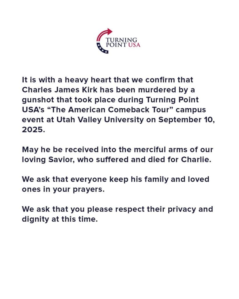 Turning Point USA Statement on Murder of Charlie Kirk