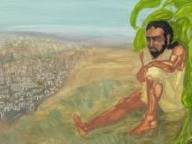 Jonah looking crabbily down at Nineveh
