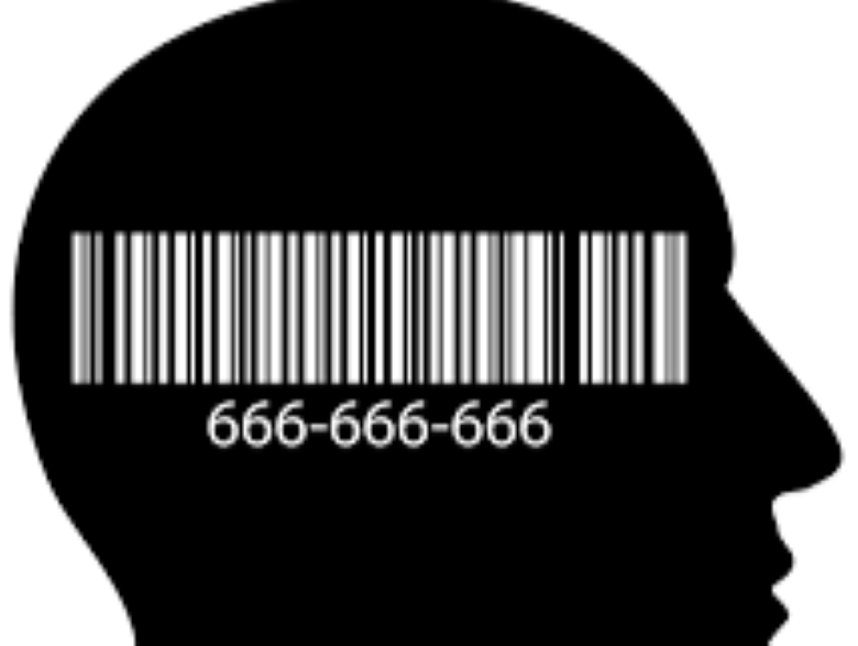 Silhouette of face with a bar code across it. Under the barcode is 666-666-666.
