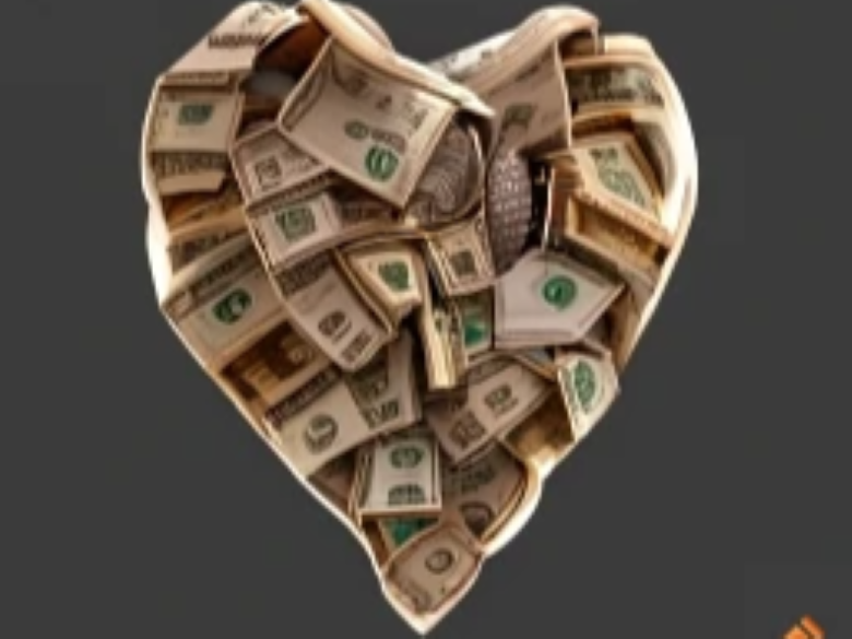 AI-generated image of money in the shape of a heart.