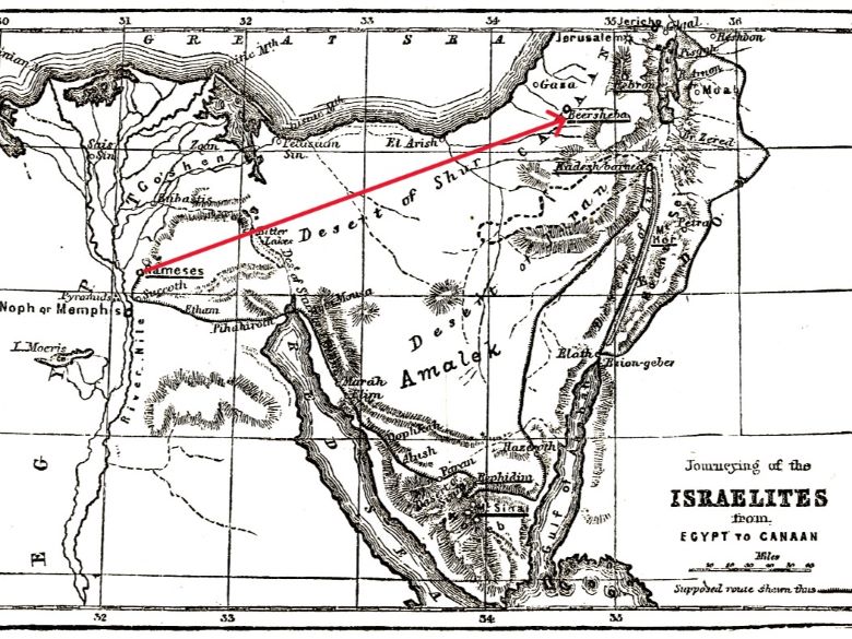 Map of the Exodus with straight line from Egypt to Canaan drawn in.