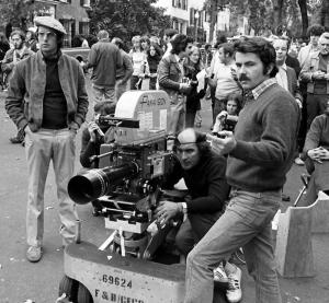 Director William Friedkin (left), cinematographer Owen Roizman and producer William Peter Blatty preparing to shoot a scene from The Exorcist (based on Blatty's novel) at an intersection on O Street in the Washington, D.C., neighborhood of Georgetown, during 1973. Wikimedia Commons