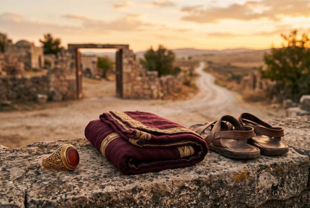 A robe and sandals lay on the road.