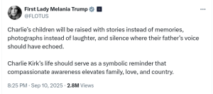 Tweet by Melania Trump about Charlie Kirk