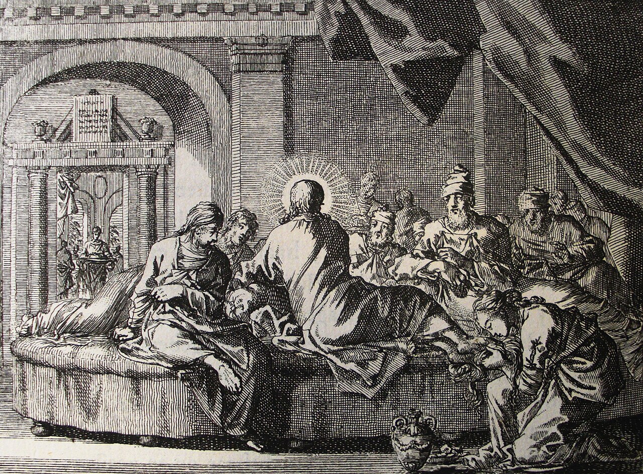 In contrast to the Centurion's faith, the woman anoints Jesus' feet. (etching by Jan Luyken, Photo by Philip De Vere - Wikimedia Commons)