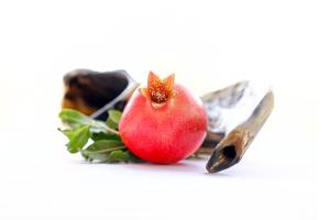 Pomegranate with shofar (ram's horn) in background. 