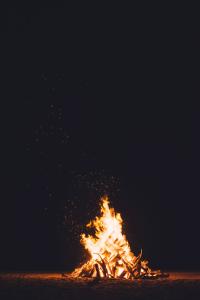 A campfire burns in the darkness