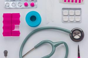 stethoscope, medications, band-aid, scissors