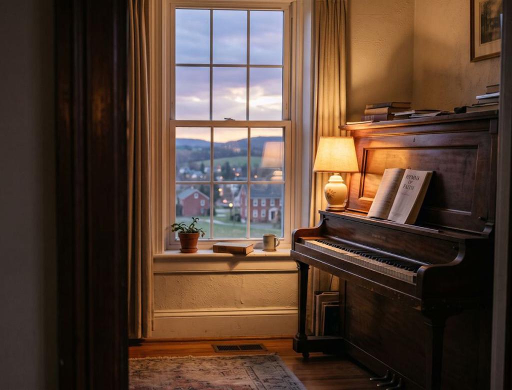 A quiet, cozy room at twilight with an antique upright piano beside a large window. A warm lamp illuminates an open hymnal on the music stand, while through the window, rolling Pennsylvania farmlands and distant brick houses are bathed in a soft lavender, gold, and dusk-blue evening sky.
