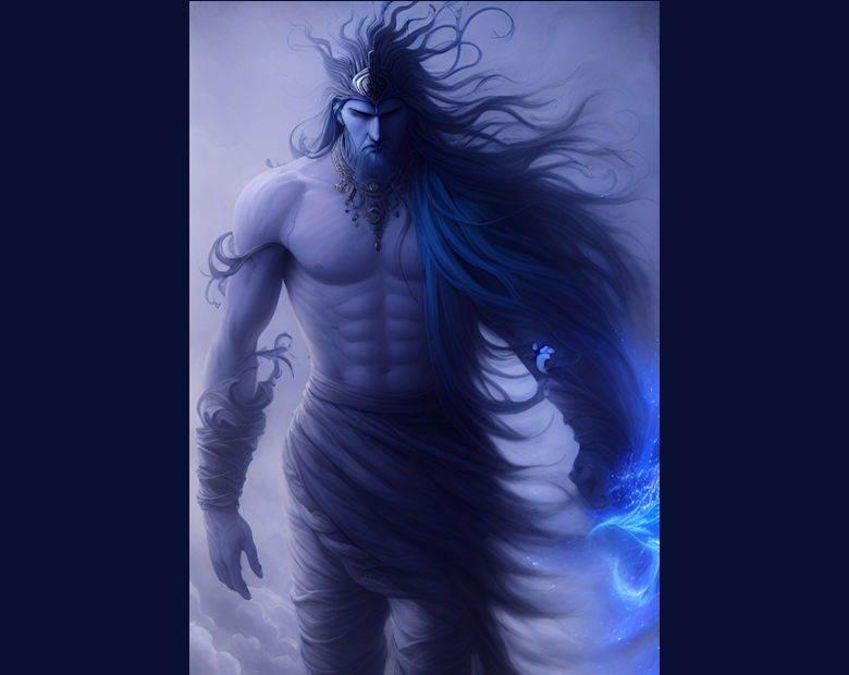 Blue god representing wind walking forward