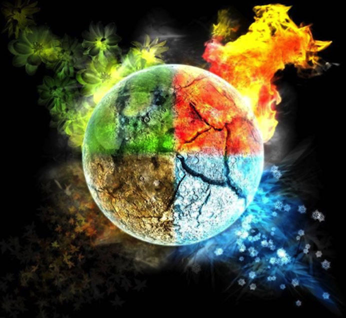 the four elements, earth, air, fire, water in a globe form