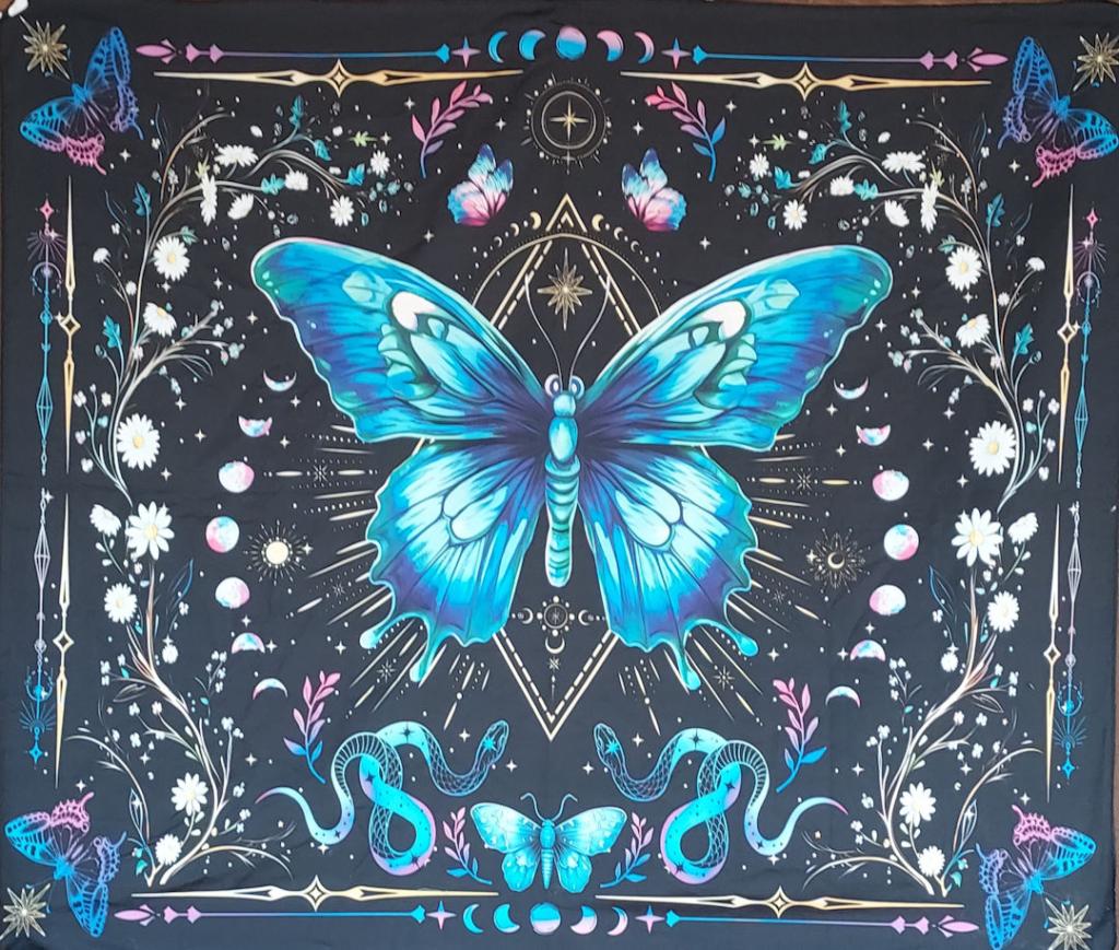 Blue butterfly, and twisted snakes in a starry background tapestry