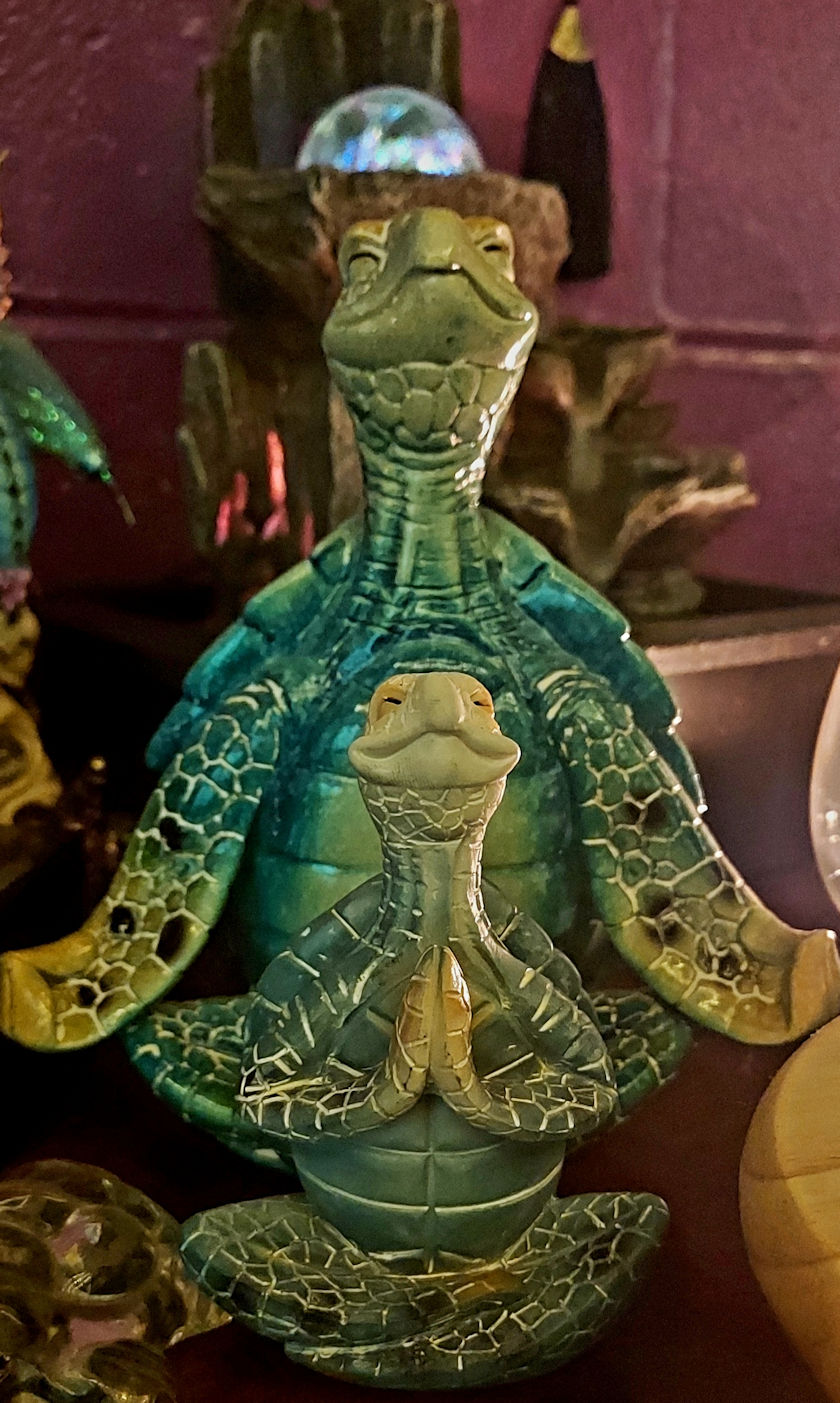 A large sea turtle behind a small sea turtle doing yoga poses