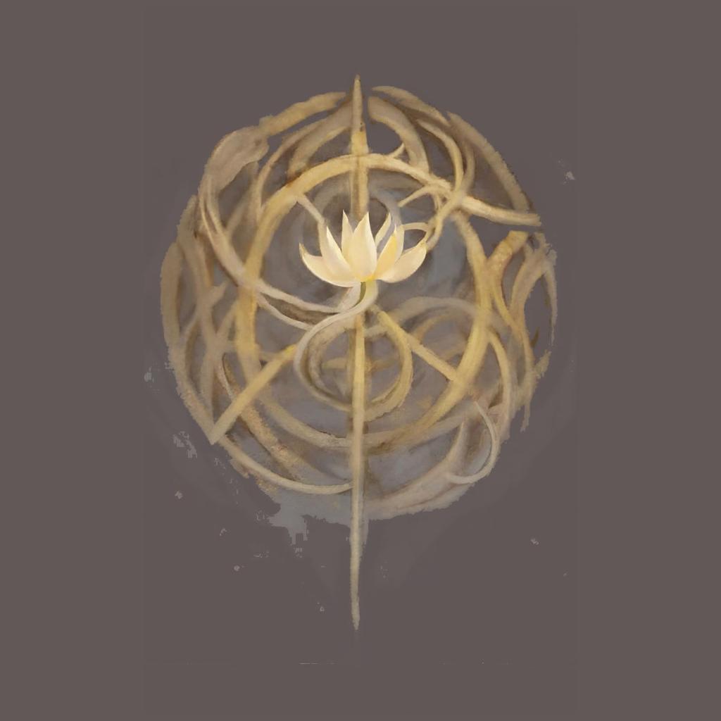 A golden ball of string with a golden lotus, with a brown background