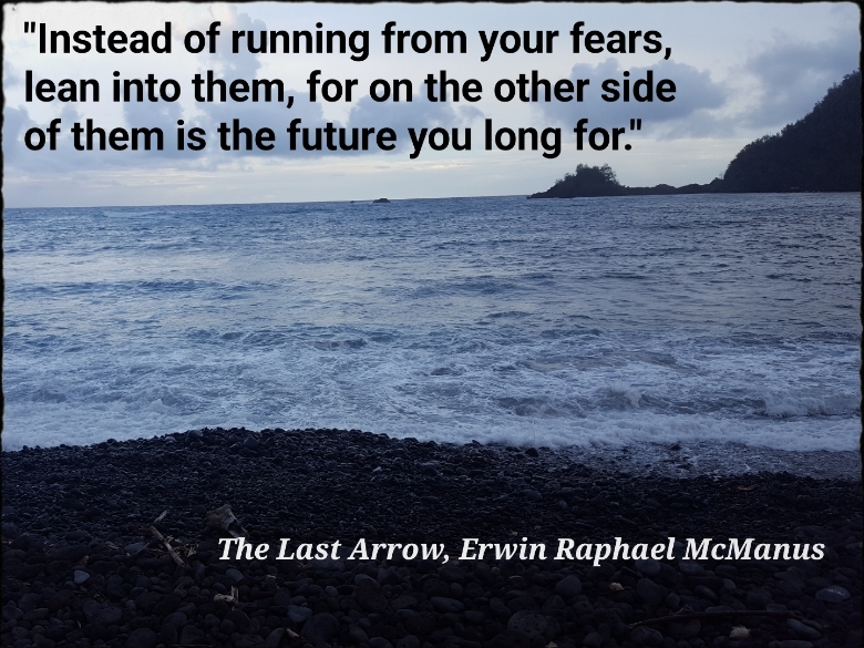 Fear is a liar. Ocean scene with quote about fear by Erwin Raphael McManus: "Instead of running from your fears, lean into them, for on the other side of them is the future you long for." From "The Last Arrow."