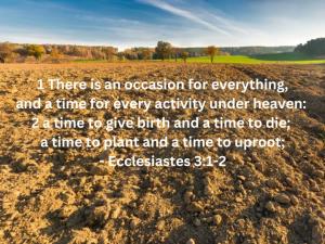 Picture of a fallow field, with dirt and the verse from Ecclesiastes 3:1-2 imprinted over the picture.