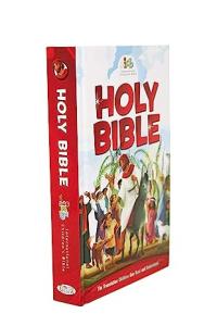 Photo of the Cover of the International CHildren's Bible book, side view of the spine and front cover, featuring a brightly colored cartoon image of Jesus with children