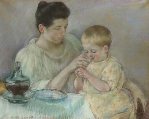 Image of the painting by Mary Cassatt of a mother giving a toddler milk from a glass