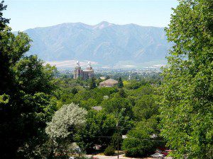 A distant view of the Logan Temple