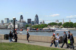 The Gherkin, in London, with the Thames