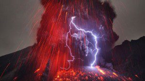 A lightening bolt in a volcanic plume