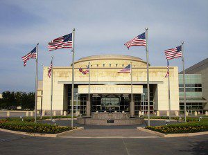 Bush Library, Texas A&M, with flags